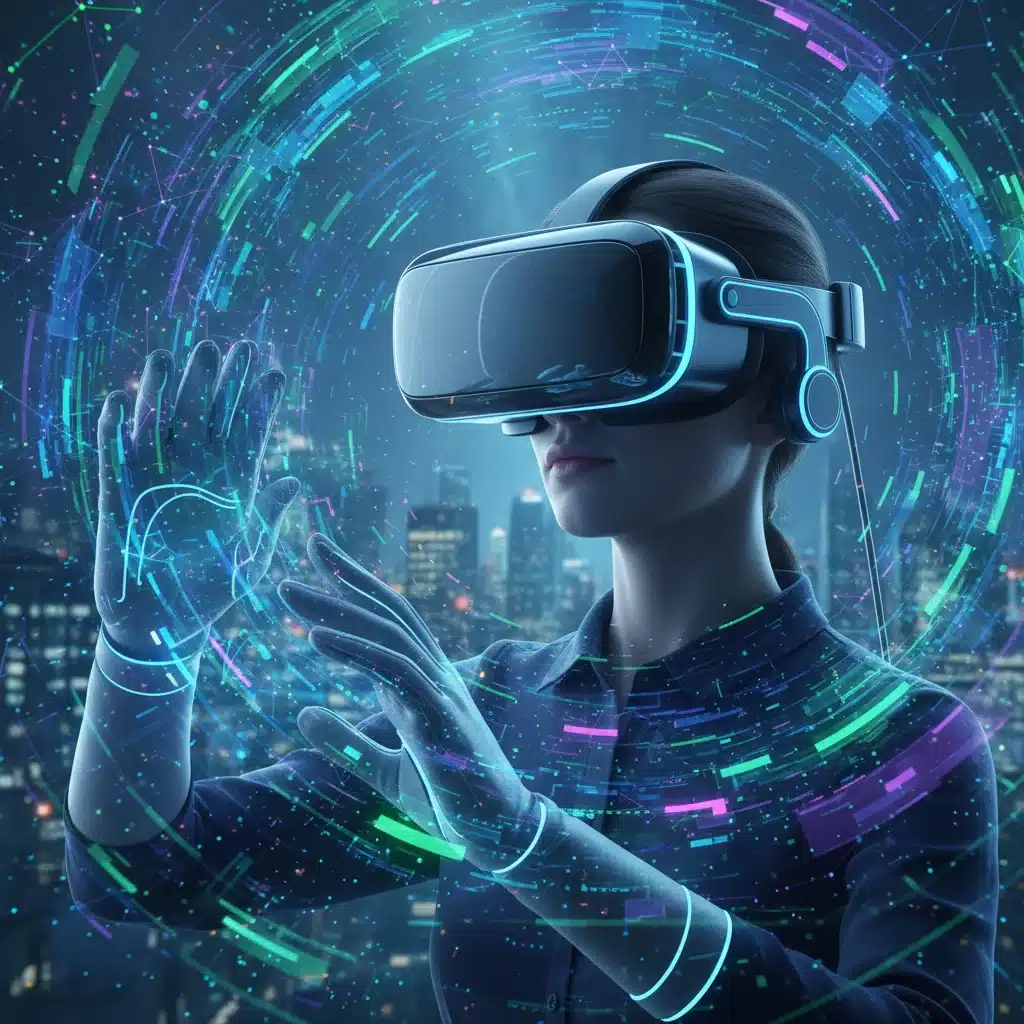 Individual immersed in a personalized virtual reality experience, symbolizing digital integration and hyper-personalization.