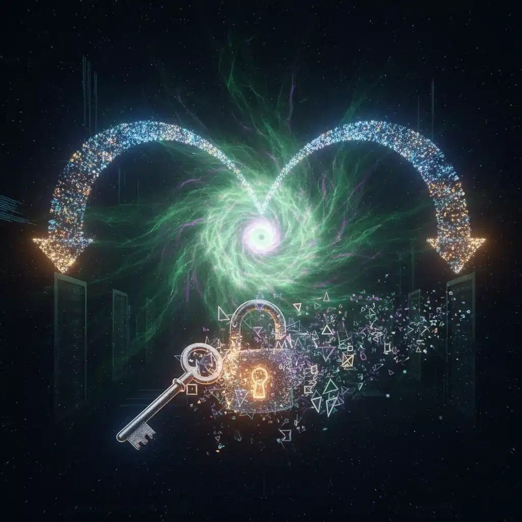 Transitioning to post-quantum cryptography, depicting a secure key exchange with quantum-resistant symbols.