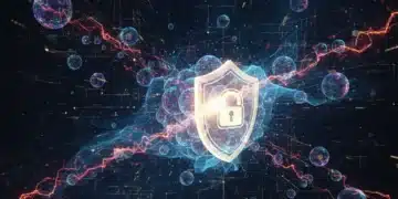 Quantum computing impact on cybersecurity, showing a secure digital network with quantum elements.