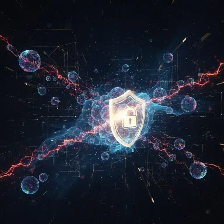 Quantum computing impact on cybersecurity, showing a secure digital network with quantum elements.