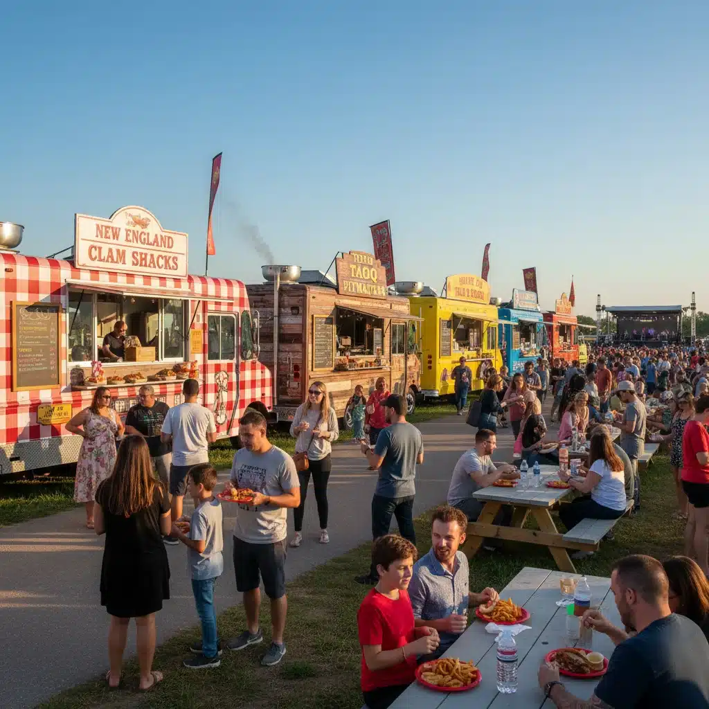 Food truck festival showcasing diverse regional American food.