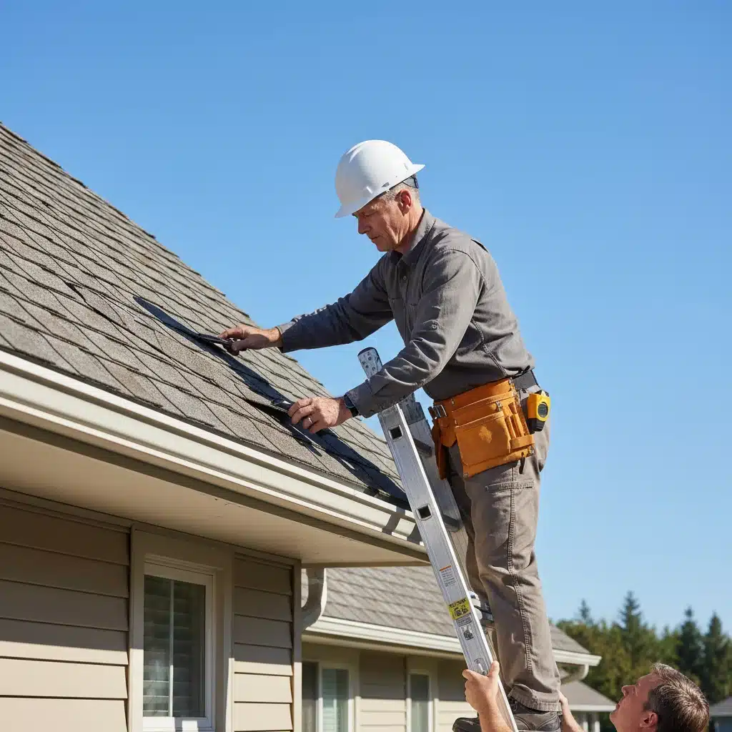 Homeowner on a ladder inspecting roof shingles for damage after winter.