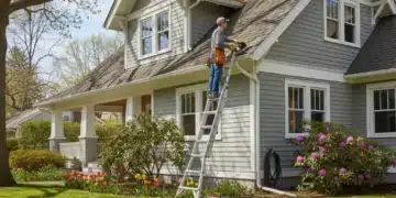 Well-maintained home exterior on a sunny spring day with blooming flowers and a person inspecting gutters.