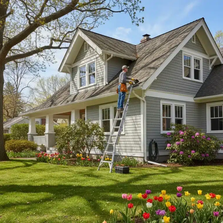Well-maintained home exterior on a sunny spring day with blooming flowers and a person inspecting gutters.