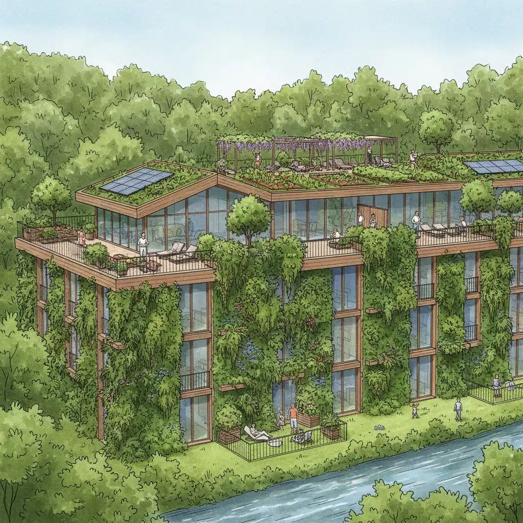 Sustainable building with green walls and rooftop gardens, showcasing ecological design.