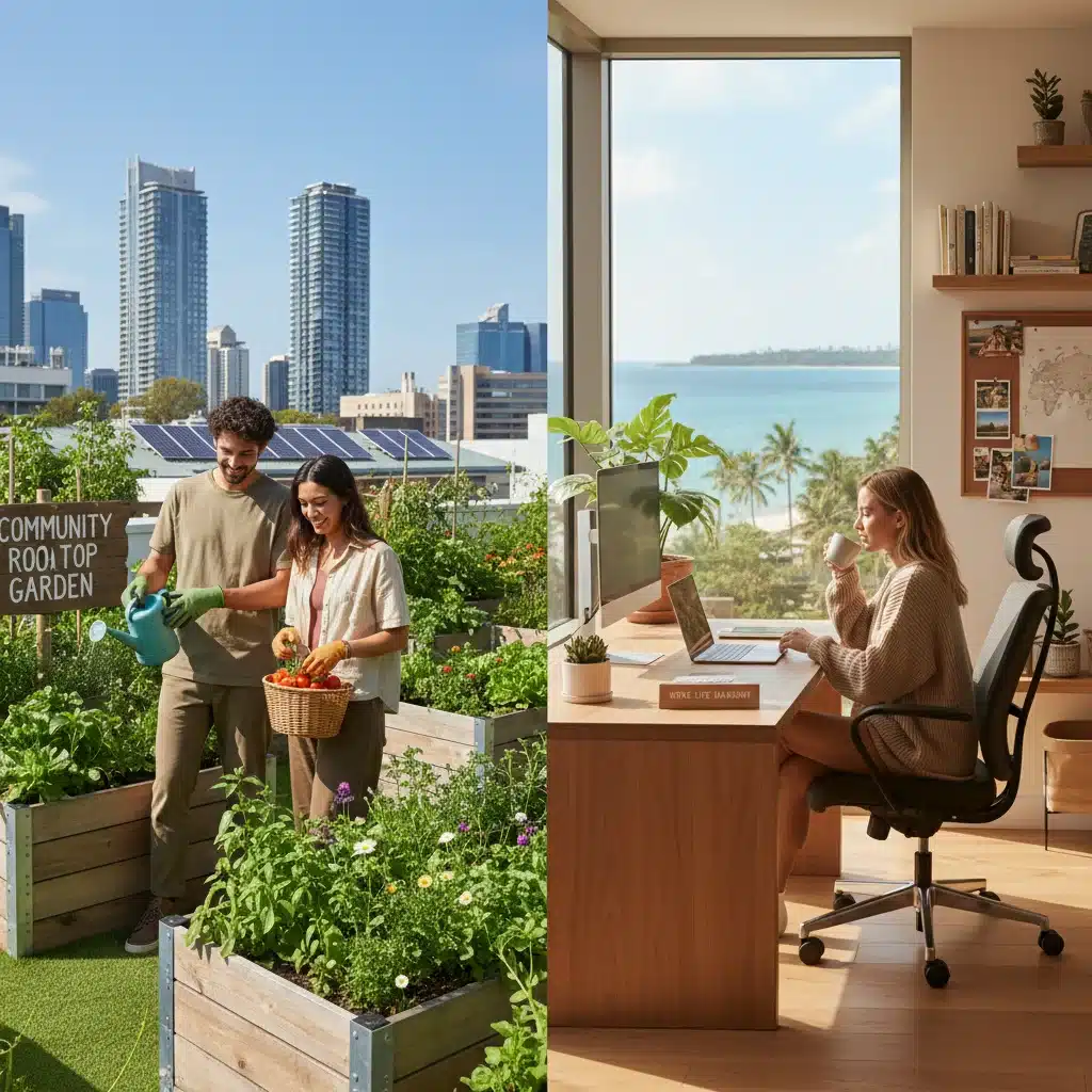 Urban gardening and remote work as symbols of new American Dream aspirations.