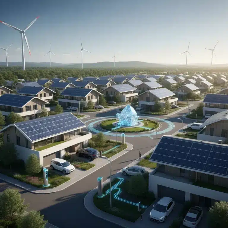 Sustainable energy microgrid powering a futuristic neighborhood
