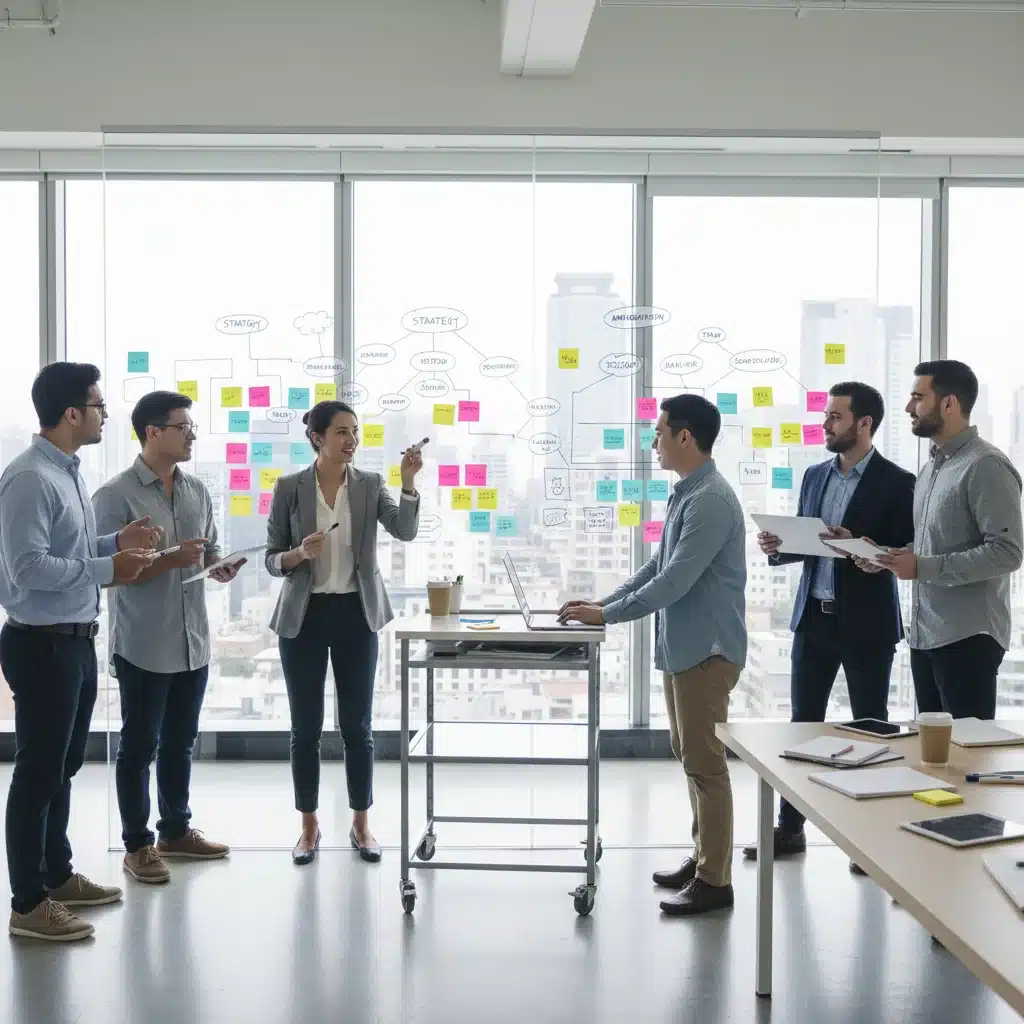 Diverse team collaborating on whiteboard during brainstorming session
