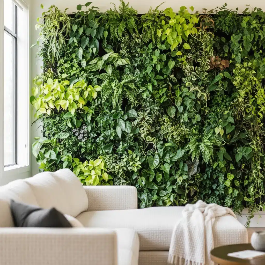 Vibrant vertical garden enhancing a residential living room with natural elements.