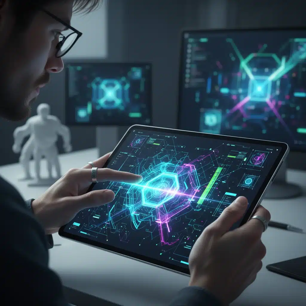 Designer utilizing AI-powered generative design tool for creative workflow optimization.