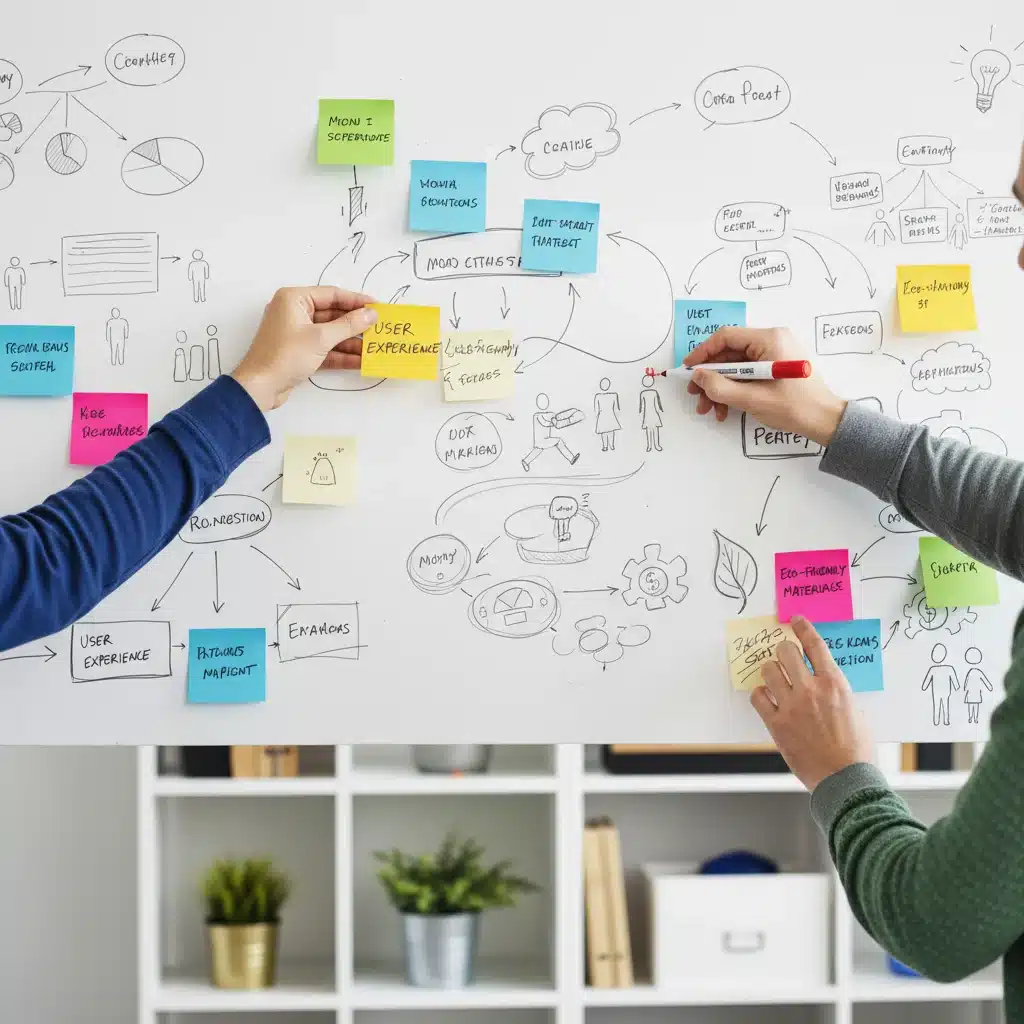 Brainstorming session with colorful sticky notes on a whiteboard, generating diverse ideas.