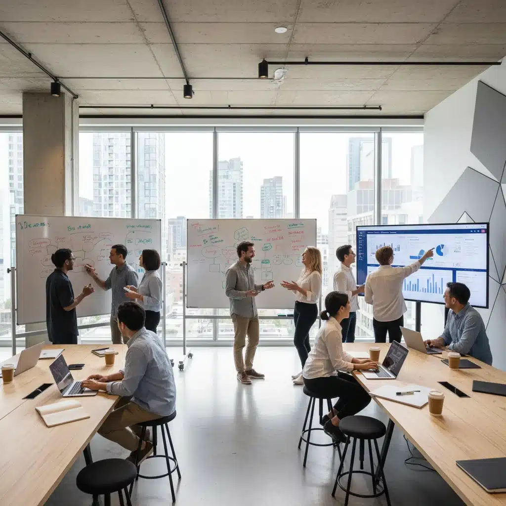 Diverse professionals brainstorming in a collaborative workspace, symbolizing team innovation.
