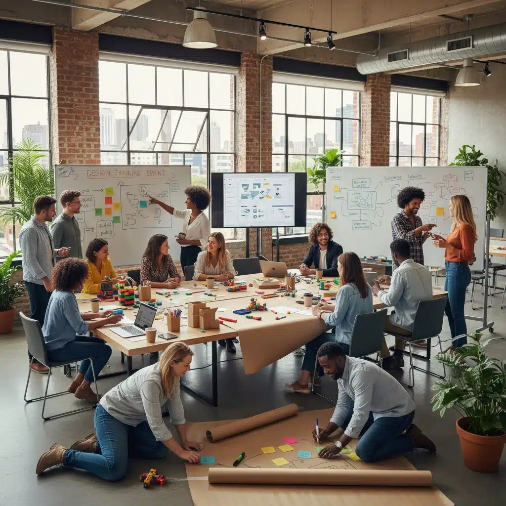 Diverse team collaborating in a design thinking workshop, fostering creative exploration.
