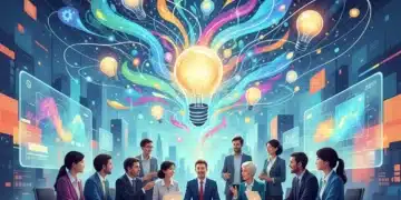 Diverse professionals brainstorming, representing divergent thinking and creative problem solving in a modern office.