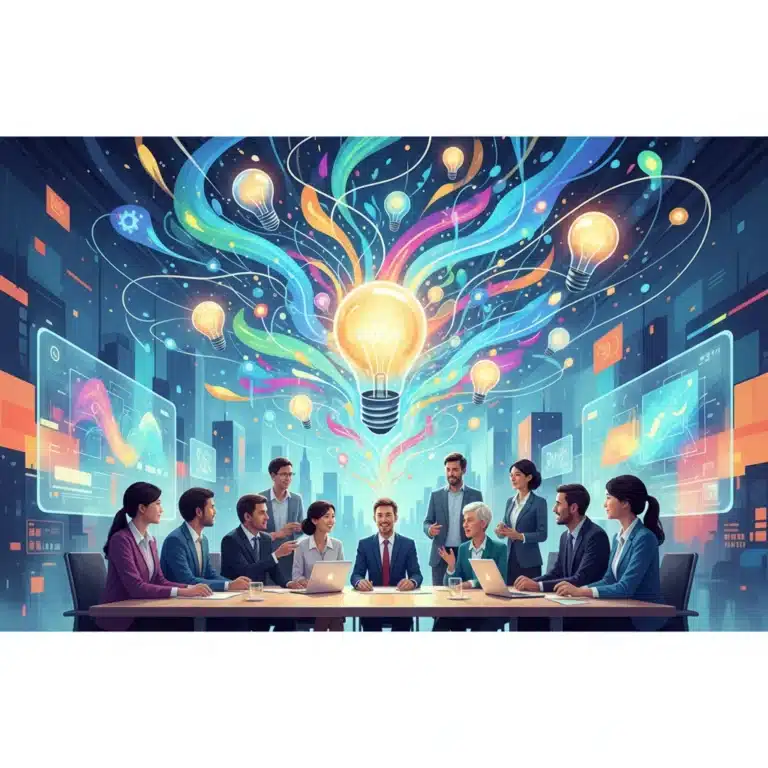 Diverse professionals brainstorming, representing divergent thinking and creative problem solving in a modern office.