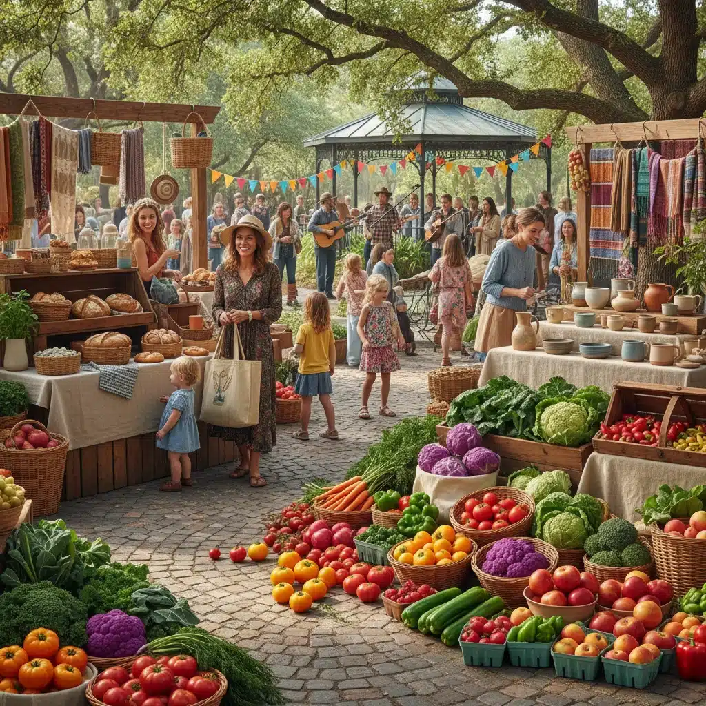 Busy farmer's market showcasing local and sustainable goods.