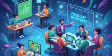 Illustration of diverse professionals working remotely and in-office, symbolizing future work models and a 4-day workweek.