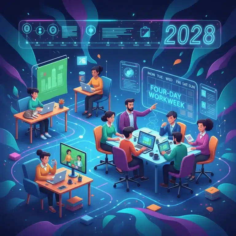 Illustration of diverse professionals working remotely and in-office, symbolizing future work models and a 4-day workweek.