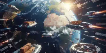 Futuristic space economy with satellites and spacecraft orbiting Earth