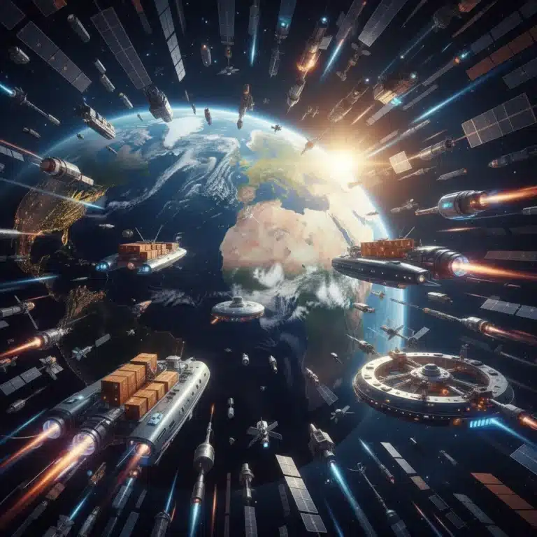 Futuristic space economy with satellites and spacecraft orbiting Earth