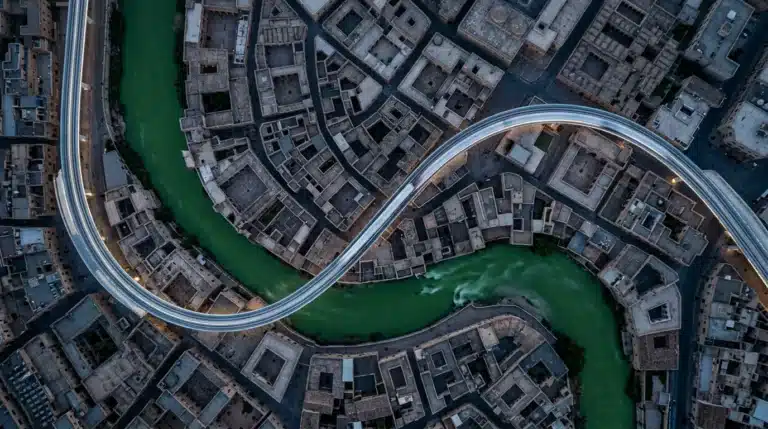 High-altitude aerial drone view of a city where a green river, an ancient stone mosaic, and a futuristic monorail converge, symbolizing the interplay of creative ideas, cultural insights, and future trends in modern living.