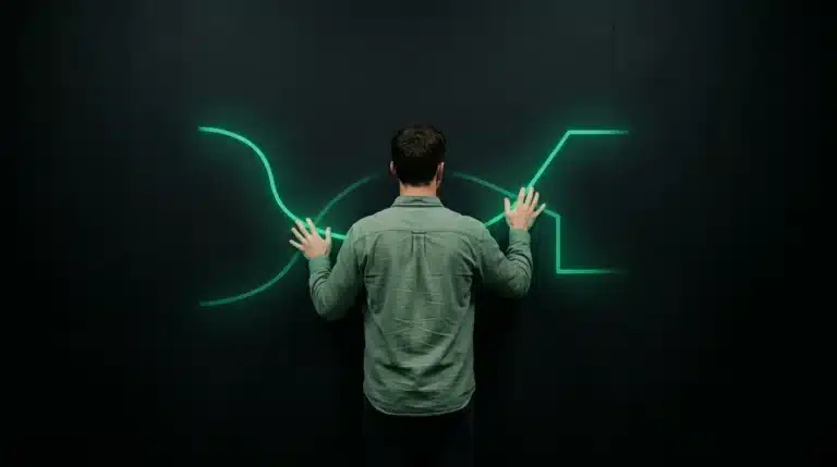 A person interacting with glowing green neural pathways on a matte black wall, symbolizing the cognitive architecture of creativity.