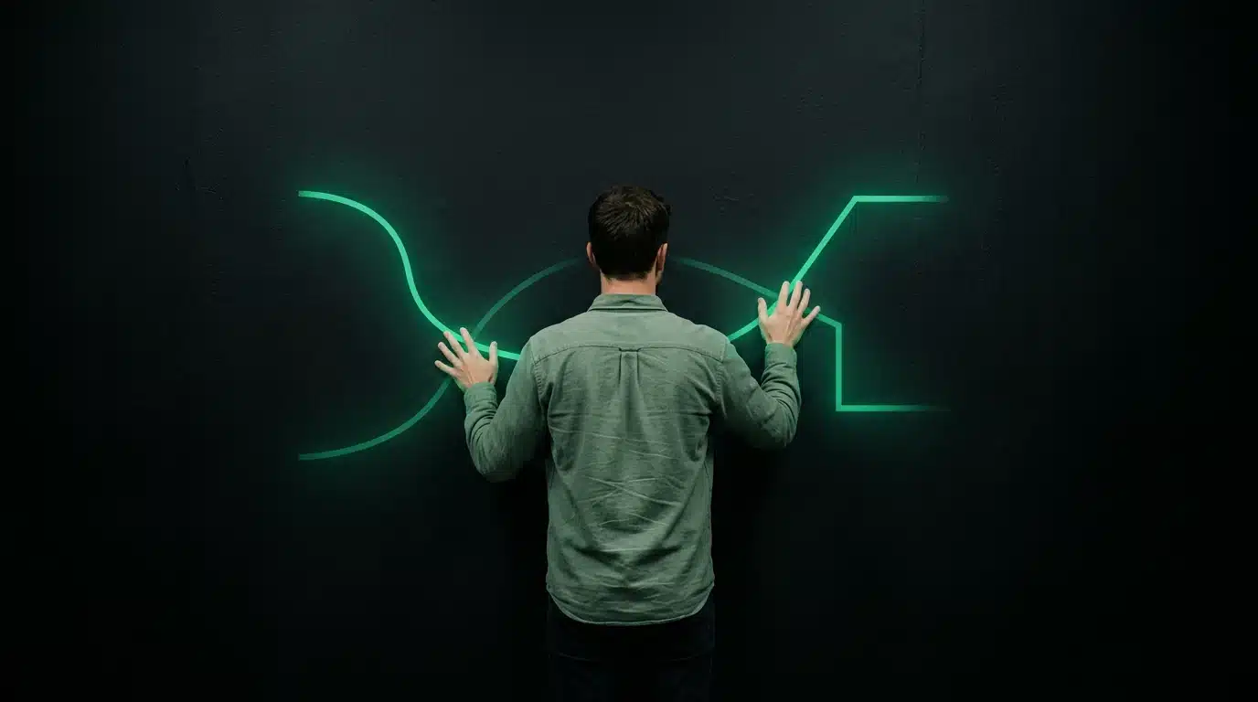 A person interacting with glowing green neural pathways on a matte black wall, symbolizing the cognitive architecture of creativity.