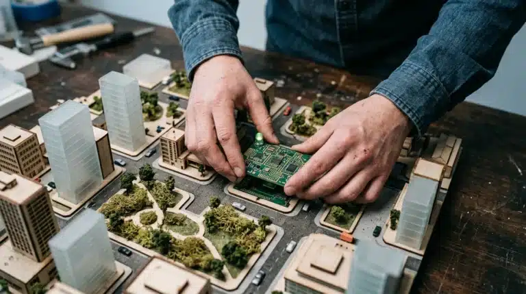 A pair of hands placing a miniature green circuit board onto a detailed architectural model of an urban district, illustrating the tangible impact of creative ideas on economic development and future trends.
