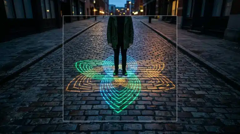 Aerial view of a person standing on a cobblestone street, surrounded by merging holographic light patterns in green, blue, and amber, representing the remixing of creative ideas in a modern urban setting.