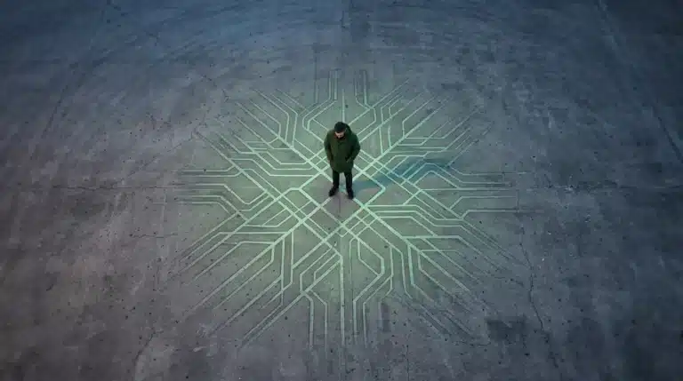 Aerial view of a person standing on a glowing green data grid in an urban plaza, symbolizing ethical design's impact on digital society.
