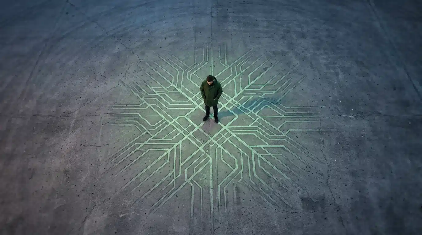 Aerial view of a person standing on a glowing green data grid in an urban plaza, symbolizing ethical design's impact on digital society.