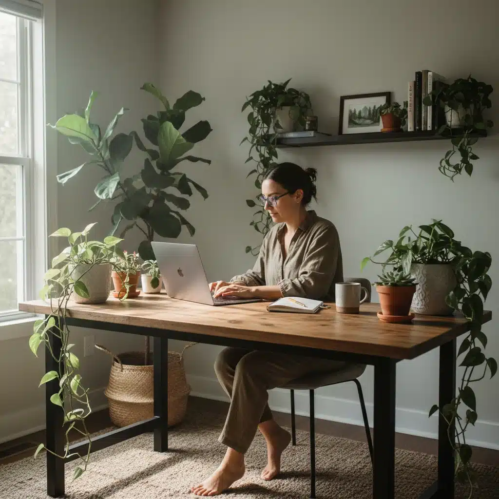 Person focused on laptop in a calm, plant-filled environment, representing individual creative focus.