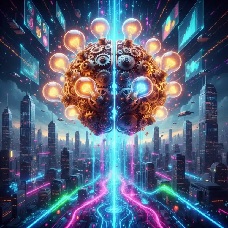 Brain with gears and lightbulbs, symbolizing innovation and creative output in a futuristic setting.