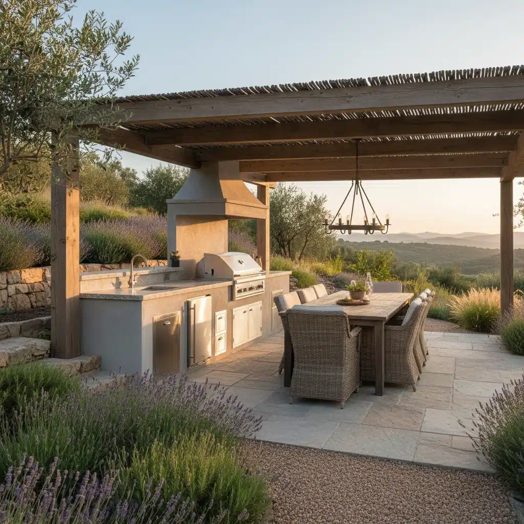 Luxury outdoor kitchen and dining area under pergola