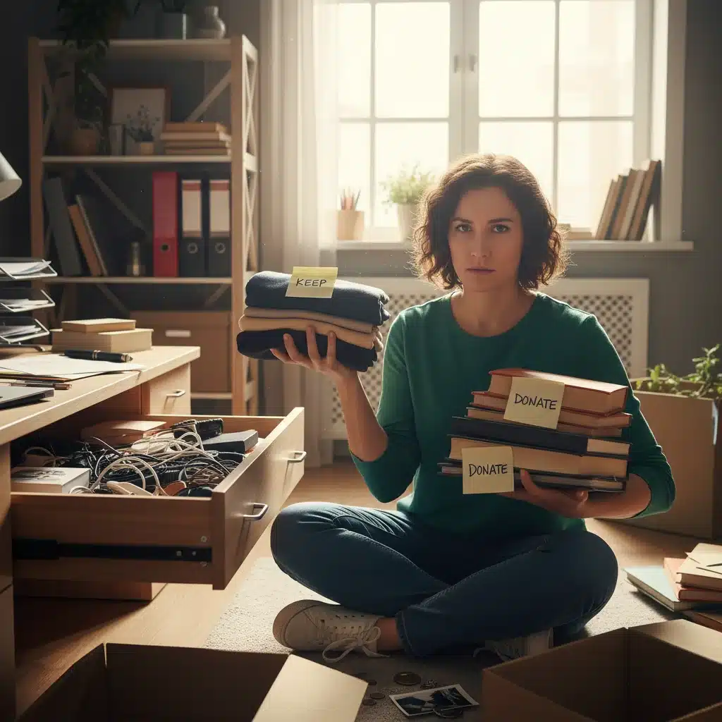 Person sorting items in a drawer, practicing mindful decluttering and organization.