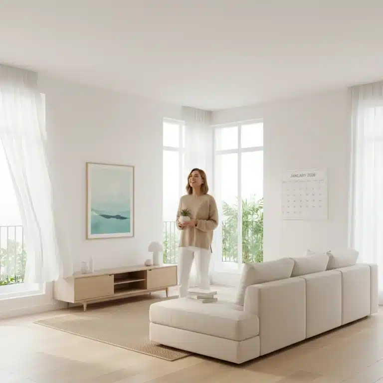Modern minimalist living room, decluttered and organized for a fresh start in 2026.