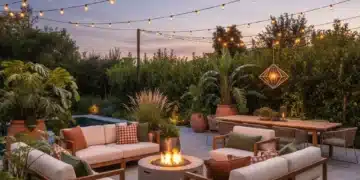 Modern outdoor patio with lounge seating and fire pit at dusk