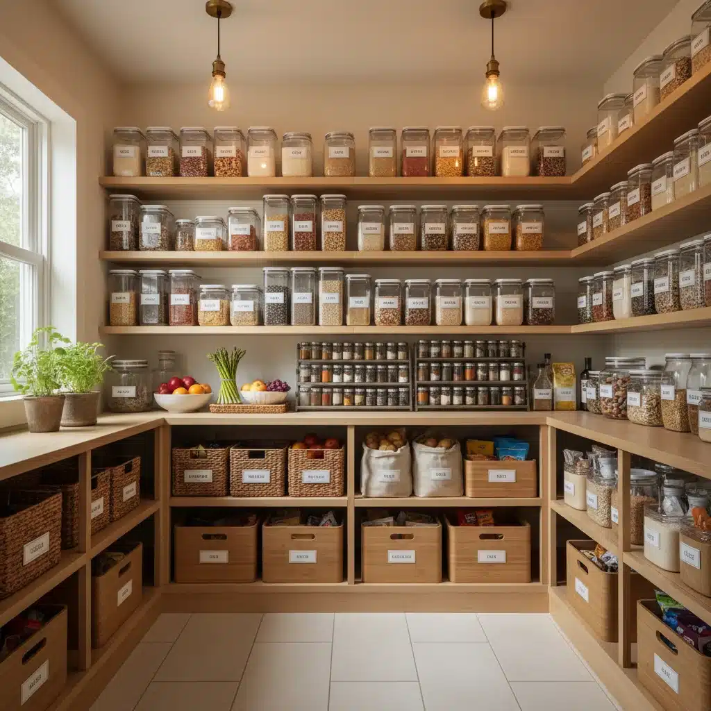 Perfectly organized kitchen pantry with clear labels and containers.