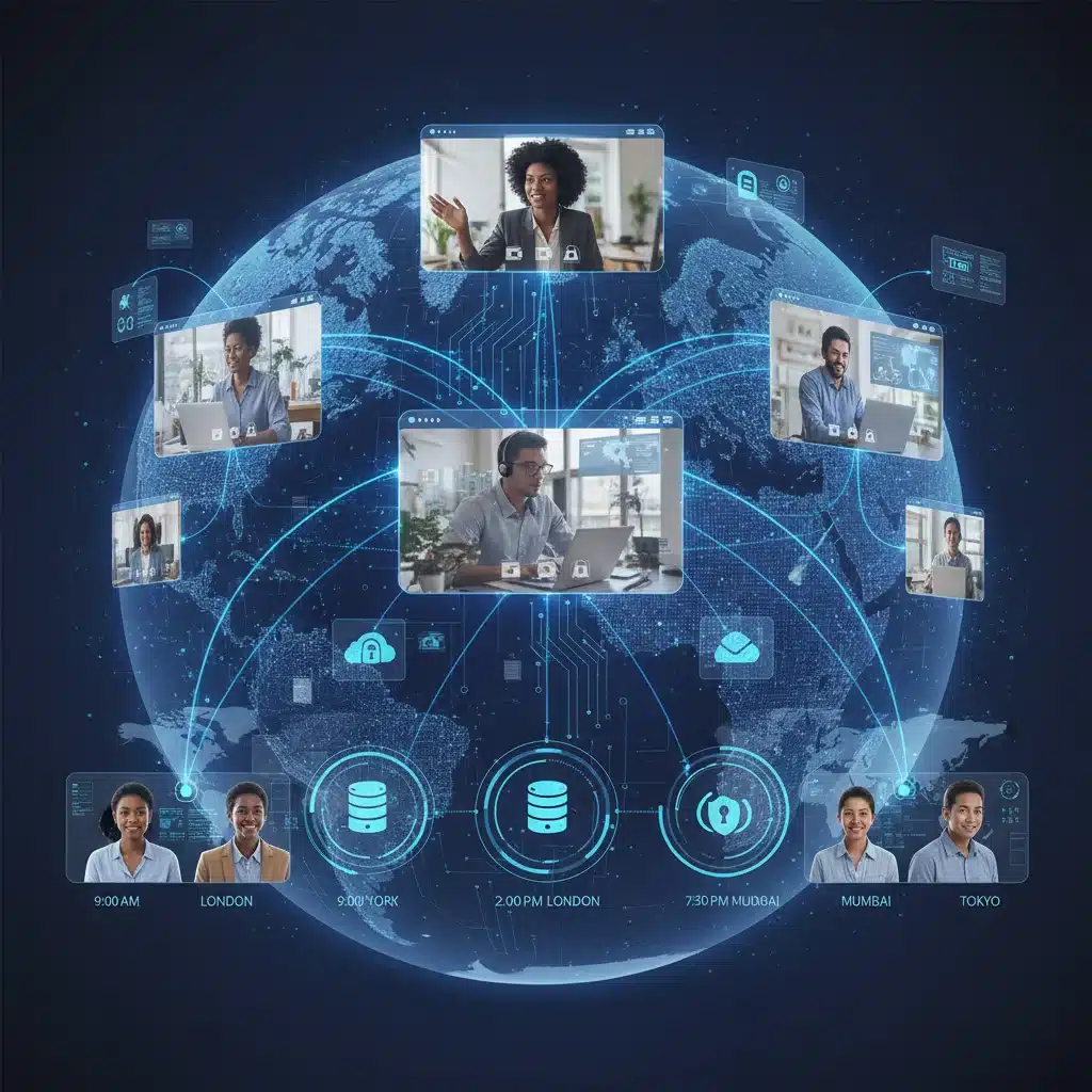 Digital network showing remote teams collaborating across different locations and time zones, highlighting technology's role.