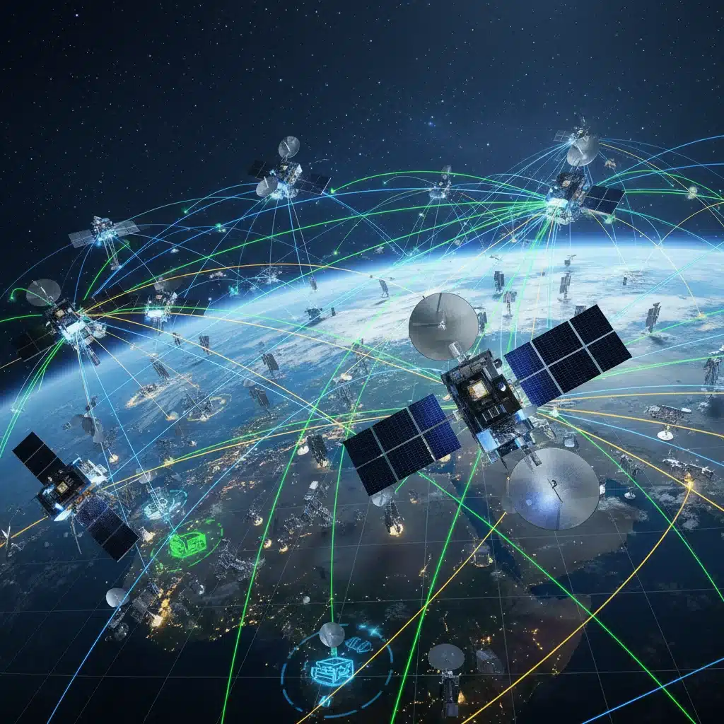 Advanced satellite communication network with global data streams