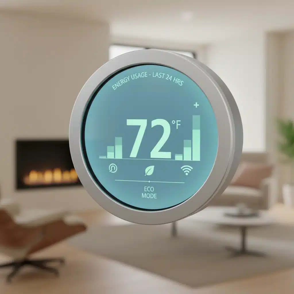 Modern smart thermostat displaying energy data