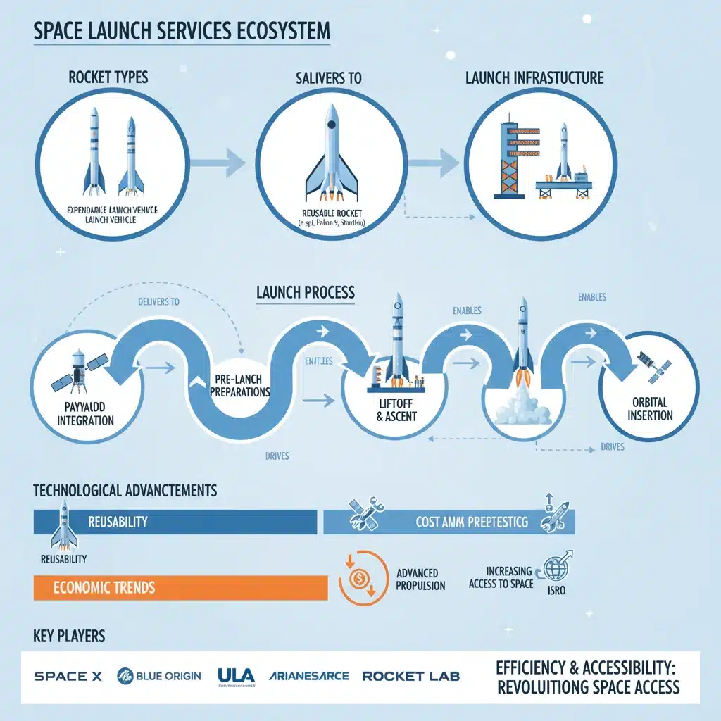 Infographic detailing space launch services and rocket technology