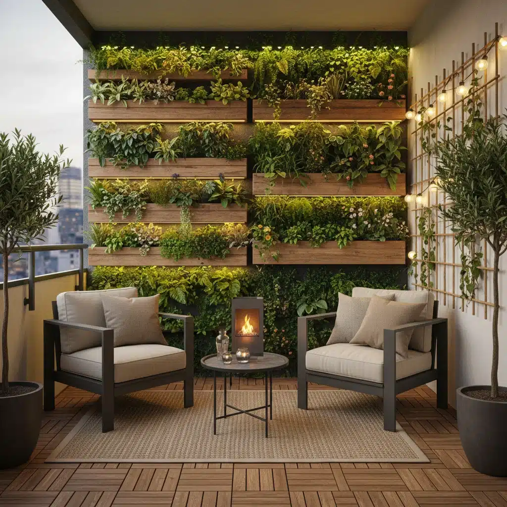Small urban balcony with modular furniture and vertical garden