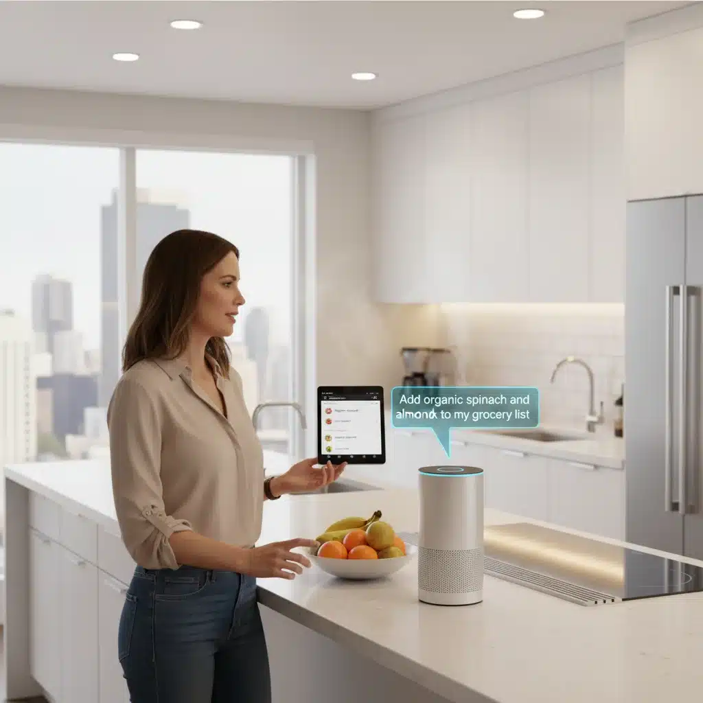 User interacting with a smart voice assistant in a kitchen