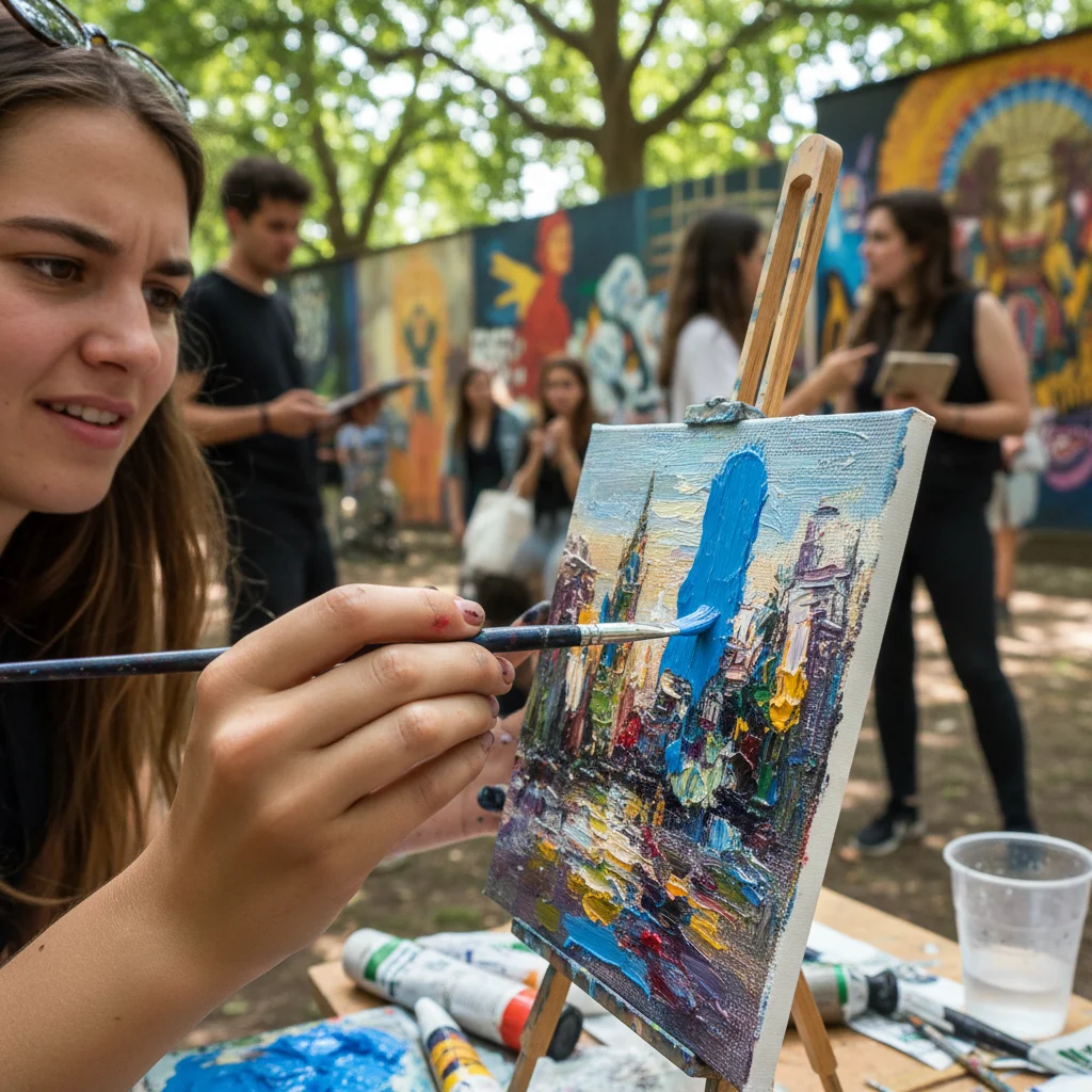 Young artist painting outdoors at a vibrant public art festival.