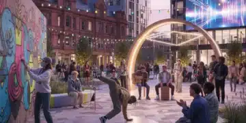 Youth vibrantly reclaiming public square with art, music, and dance.