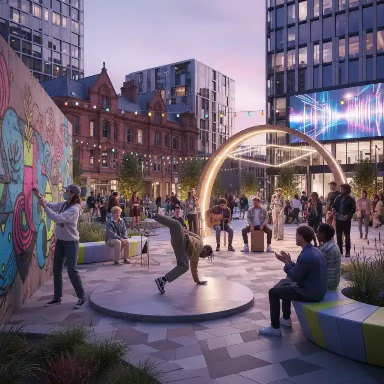 Youth vibrantly reclaiming public square with art, music, and dance.