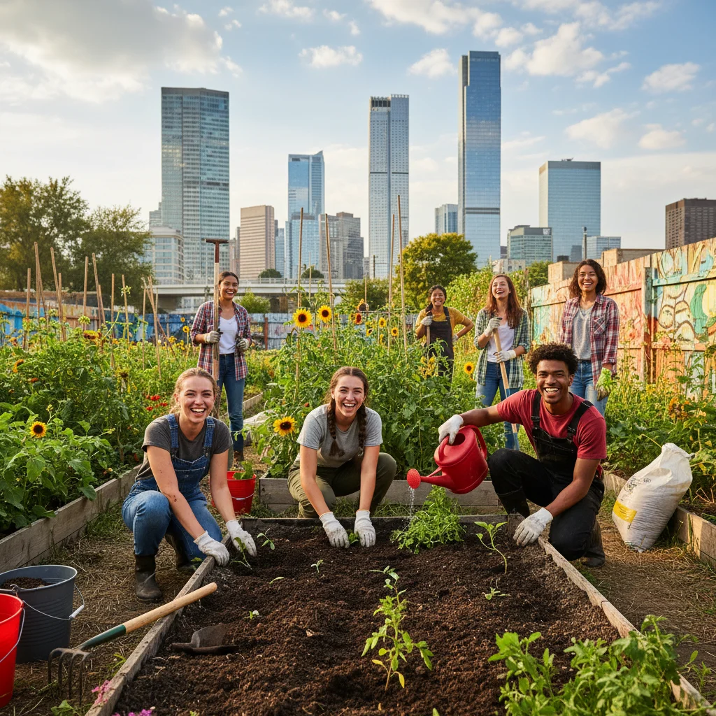 Youth engaging in community urban gardening, transforming abandoned lot.